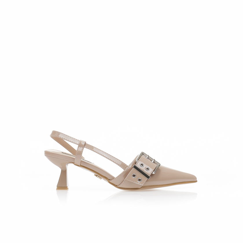 Γόβες TSOUKALAS nude λουστρίνι με διακοσμητικό λουράκι NUDE