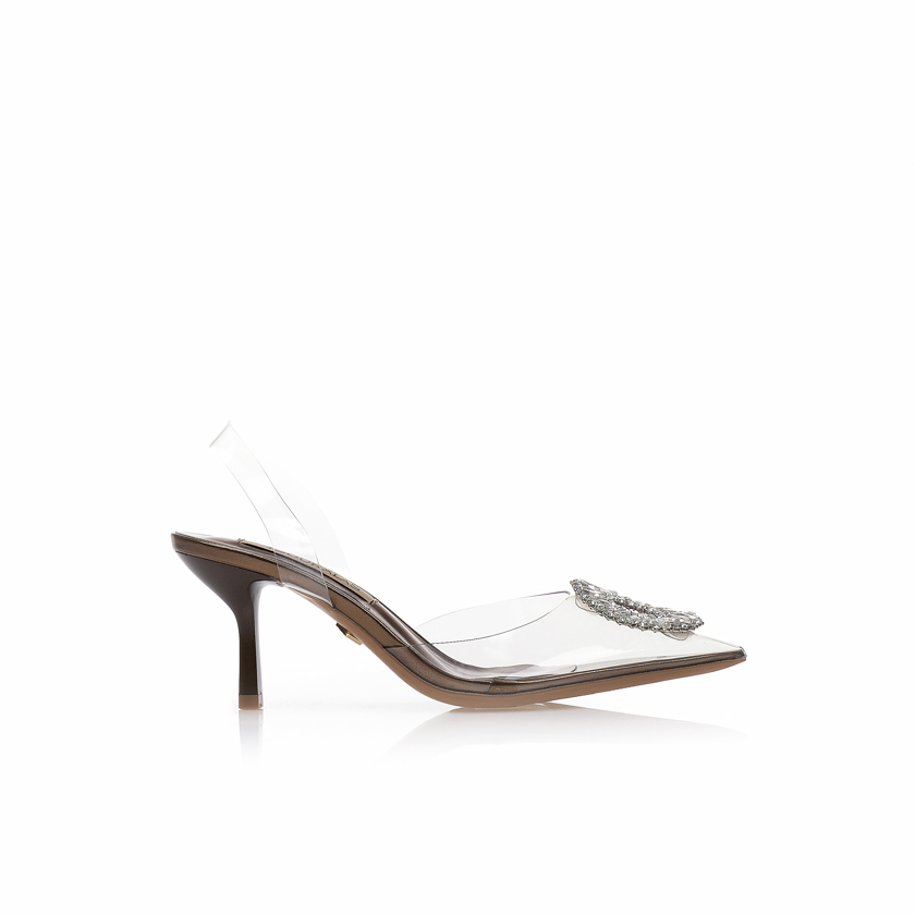 Γόβες καφέ λουστρίνι με διαφάνεια και αγκράφα από στρας ΚΑΦΕ