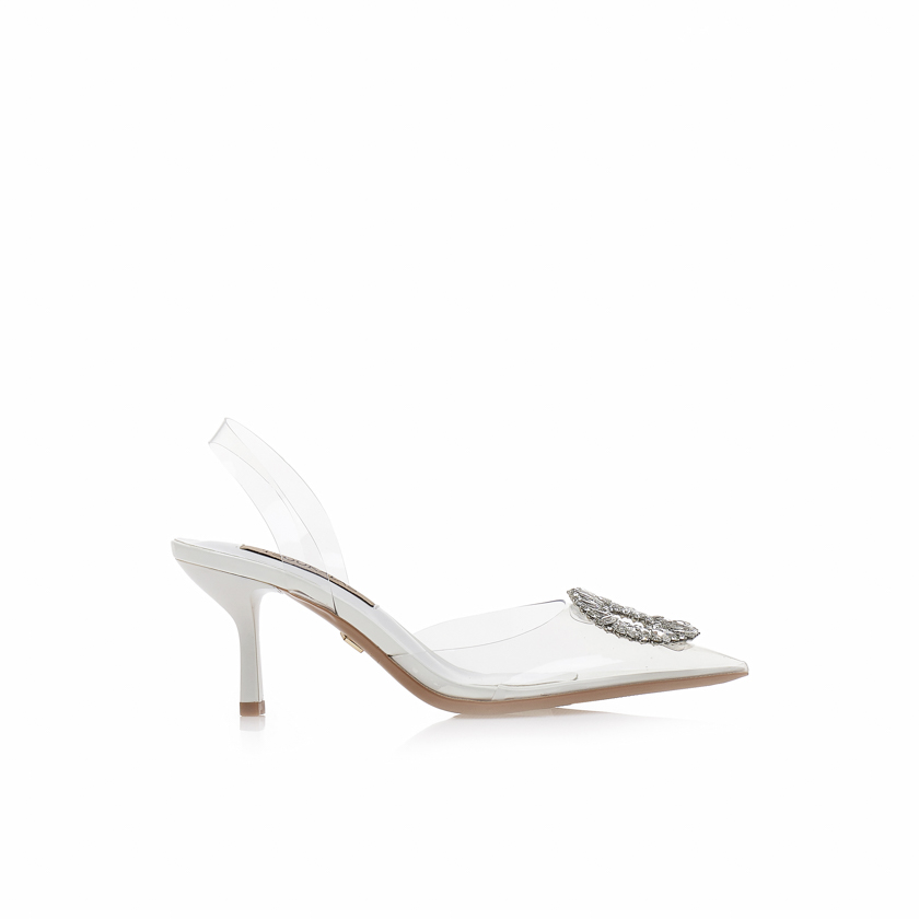 Γόβες λευκές λουστρίνι με διαφάνεια και αγκράφα από στρας ΛΕΥΚΟ