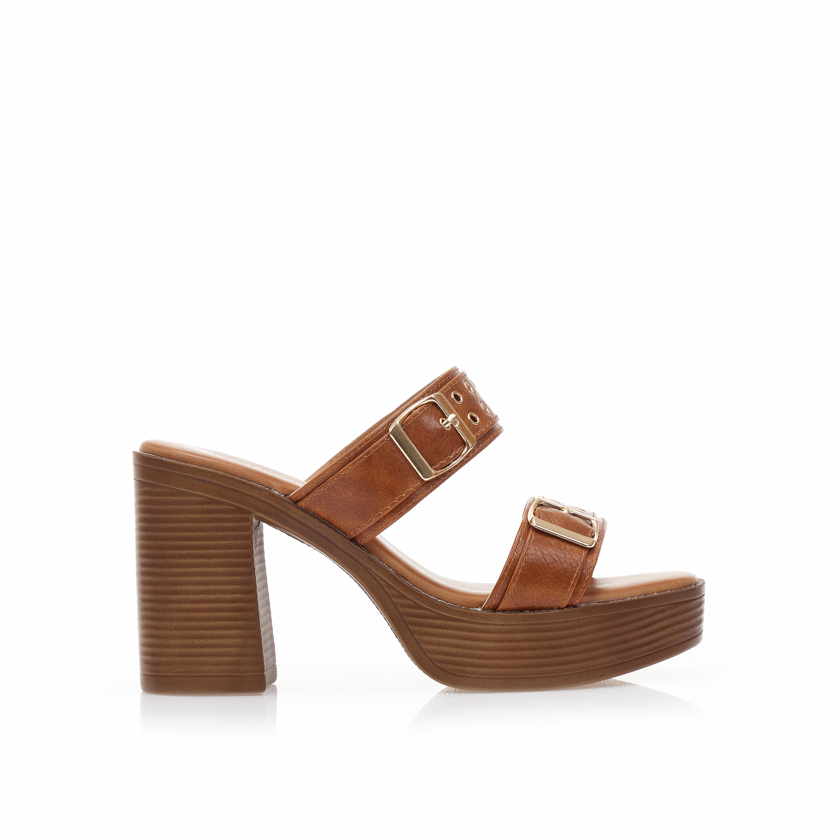 Mules TSOUKALAS κάμελ δερματίνη με διακοσμητικά λουράκια και φιάπα ΚΑΜΕΛ