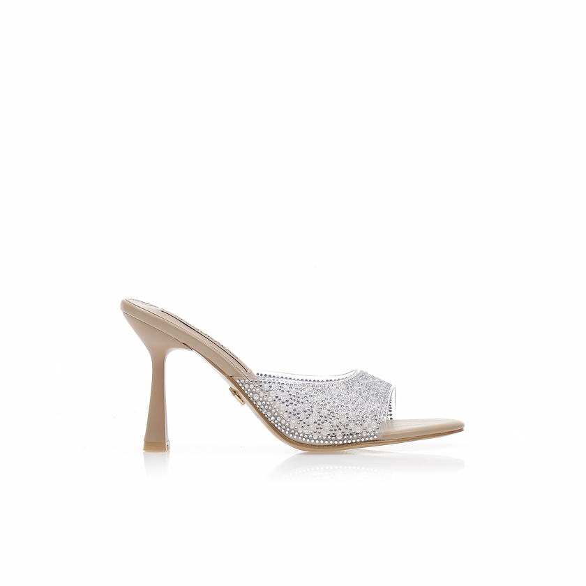 Mules TSOUKALAS μπεζ δερματίνη με διαφάνεια και στρας ΜΠΕΖ