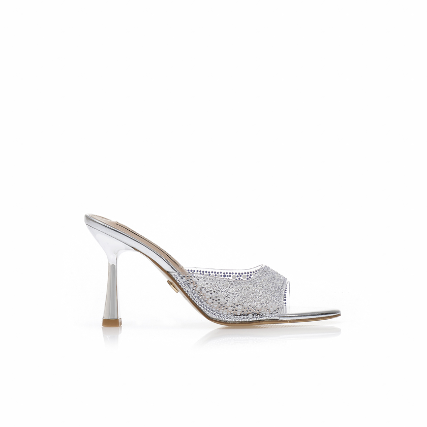 Mules TSOUKALAS ασημί δερματίνη με διαφάνεια και στρας ΑΣΗΜΙ