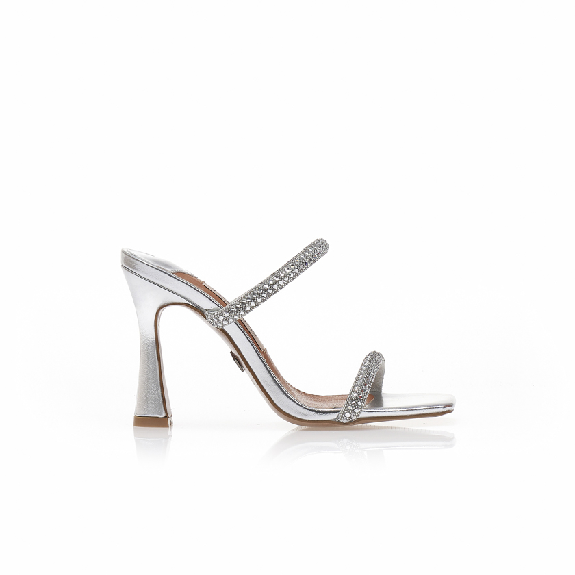 Mules TSOUKALAS ασημί δερματίνη με στρας και ιδιαίτερο τακούνι ΑΣΗΜΙ