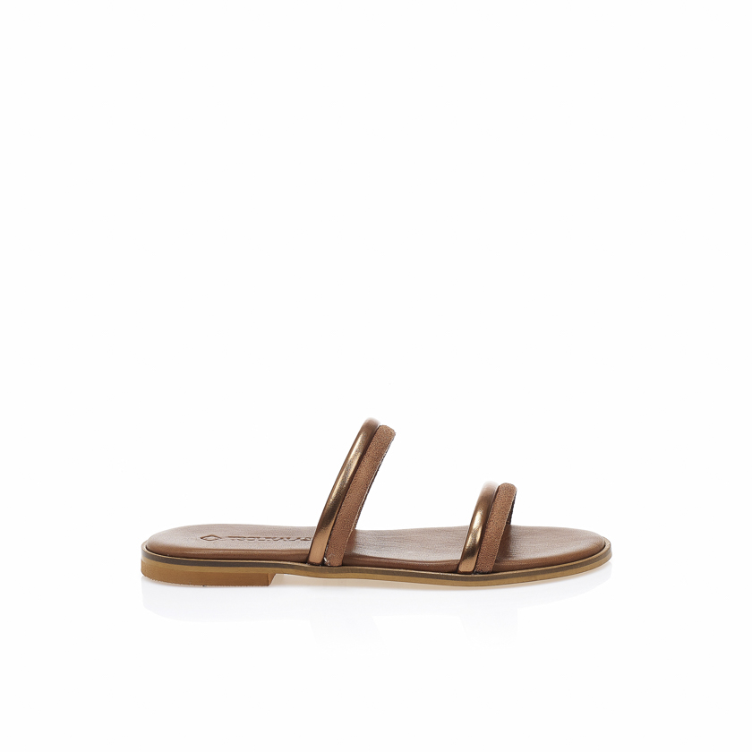 Tsoukalas Δερμάτινα σανδάλια χειροποίητα μπρονζέ και κάμελ με πολλαπλά λουράκια Κάμελ - μπρονζε