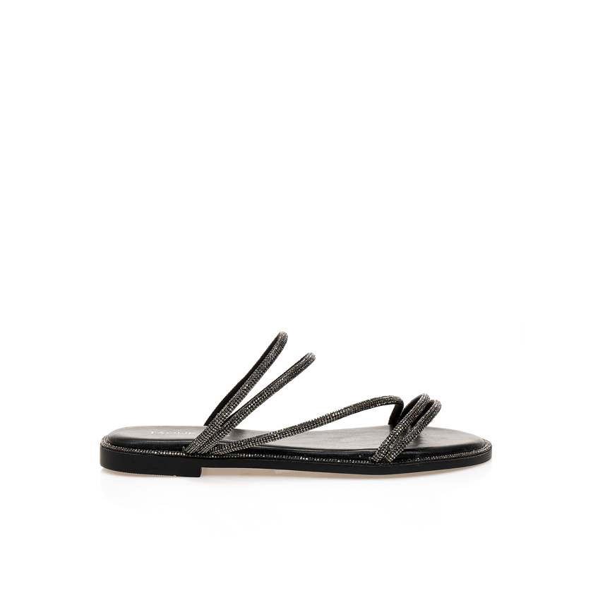 Σανδάλια TSOUKALAS μαύρα δερματίνη με πολλαπλά λουράκια από στρας ΜΑΥΡΟ