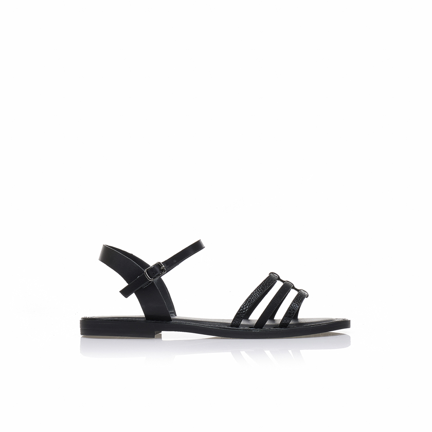 Σανδάλια TSOUKALAS μαύρα δερματίνη με anmal print σχέδιο και χρυσή αγκράφα ΜΑΥΡΟ