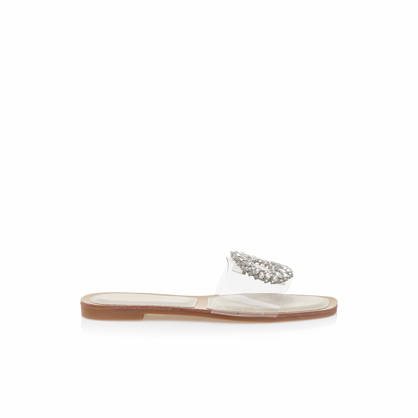 Tsoukalas Σανδάλια TSOUKALAS μπεζ δερματίνη με αγκράφα από στρας και διαφάνεια ΜΠΕΖ