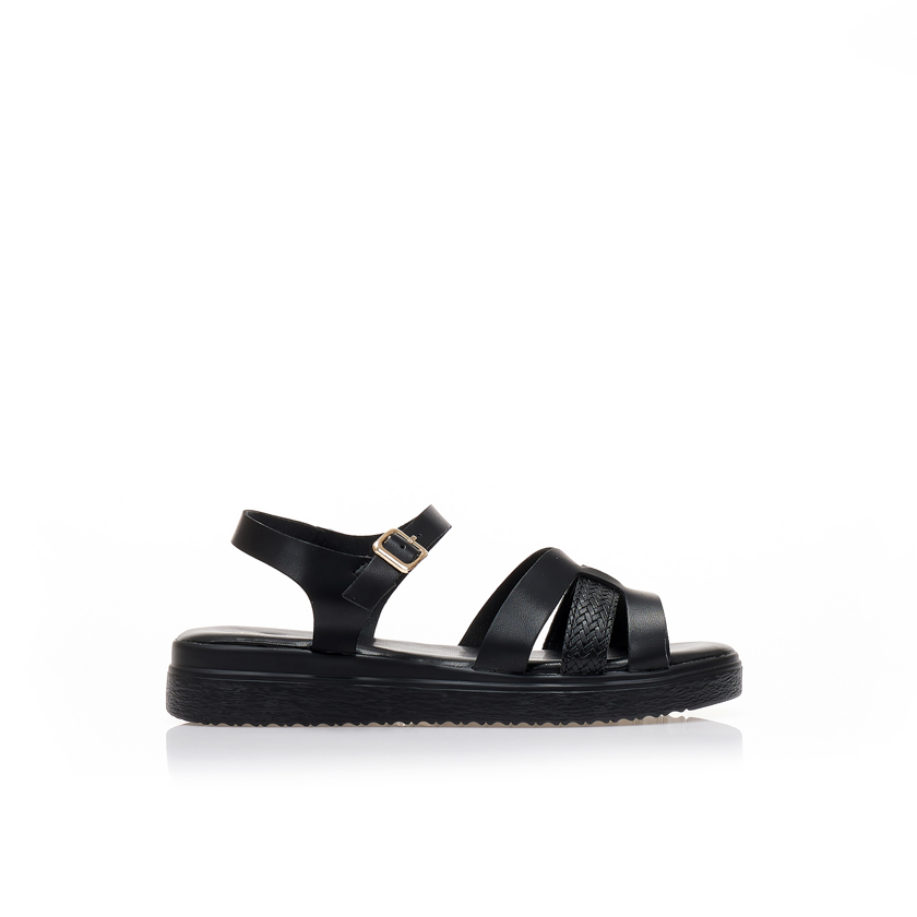 Tsoukalas Flatforms μαύρα δερματίνη με πολλαπλά λουράκια ΜΑΥΡΟ