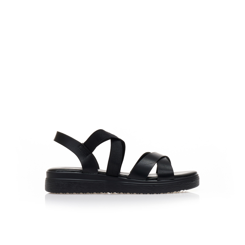 Tsoukalas Flatforms μαύρα δερματίνη με χιαστί λουράκια ΜΑΥΡΟ