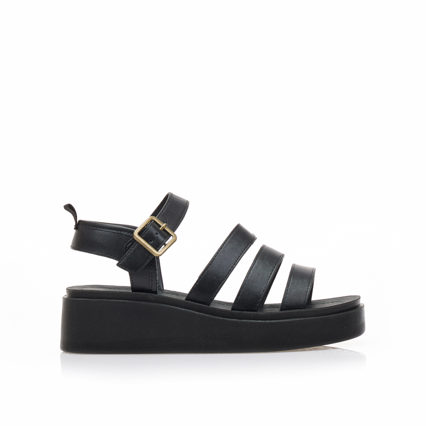 Flatforms TSOUKALAS μαύρα δερματίνη με πολλαπλά λουράκια ΜΑΥΡΟ