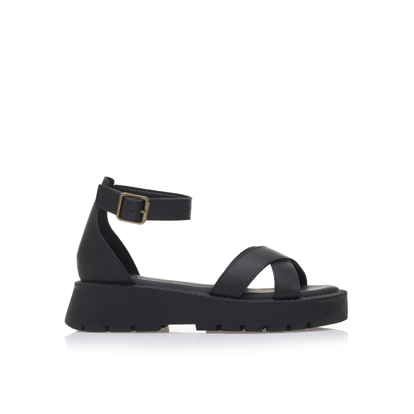 Flatforms μαύρα δερματίνη με χιαστί φάσα ΜΑΥΡΟ