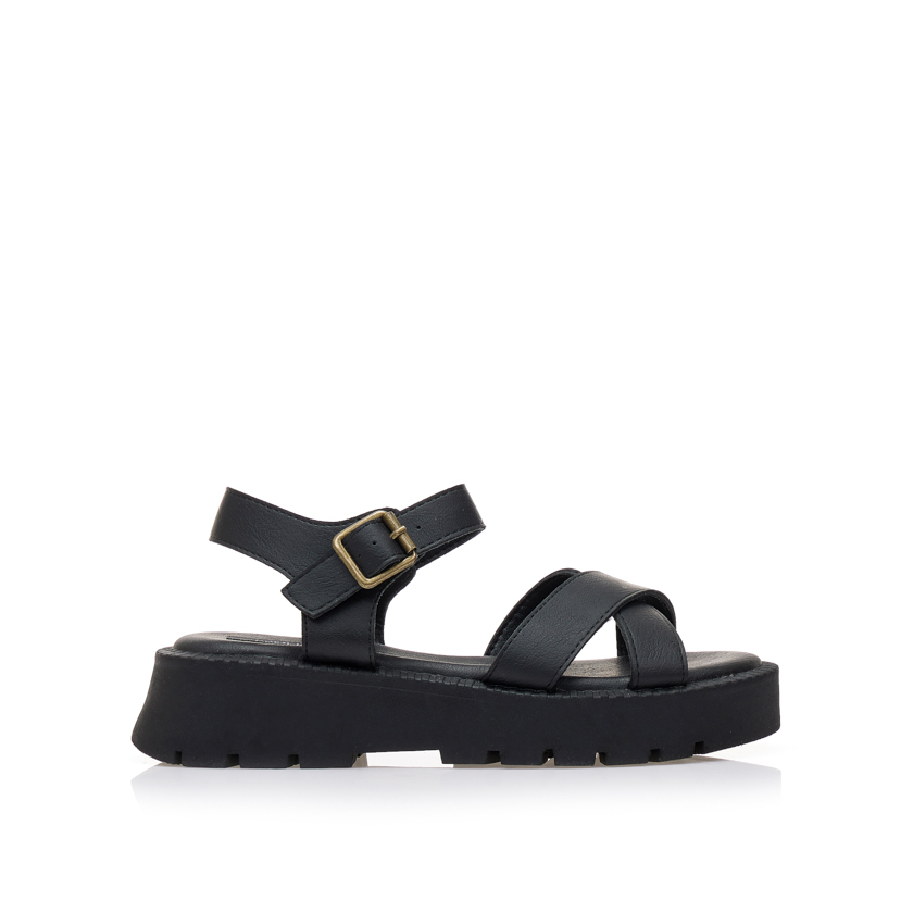 Tsoukalas Flatforms μαύρα δερματίνη με χιαστί φάσα ΜΑΥΡΟ