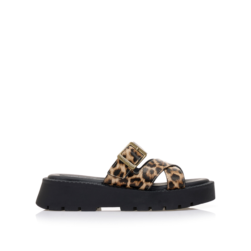 Flatforms animal print δερματίνη με χιαστί φάσα ΛΕΟΠΑΡ