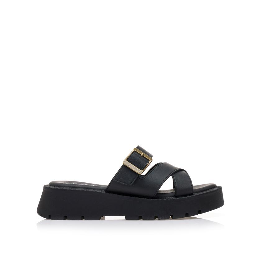 Flatforms μαύρα δερματίνη με χιαστί φάσα ΜΑΥΡΟ