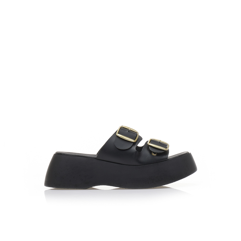 Flatforms χειροποίητα μαύρα δερματίνη με διπλή φάσα ΜΑΥΡΟ