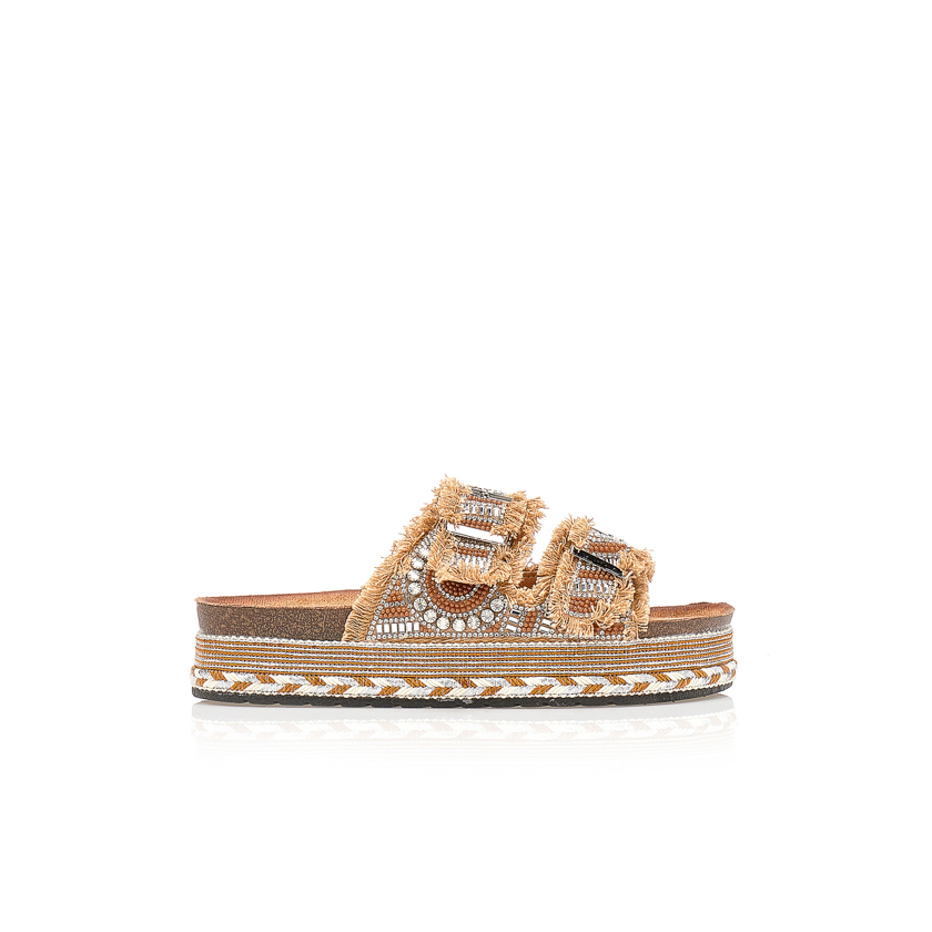 Εσπαντρίγιες TSOUKALAS flatforms καφέ με ιδιαίτερο σχέδιο και στρας ΧΑΚΙ
