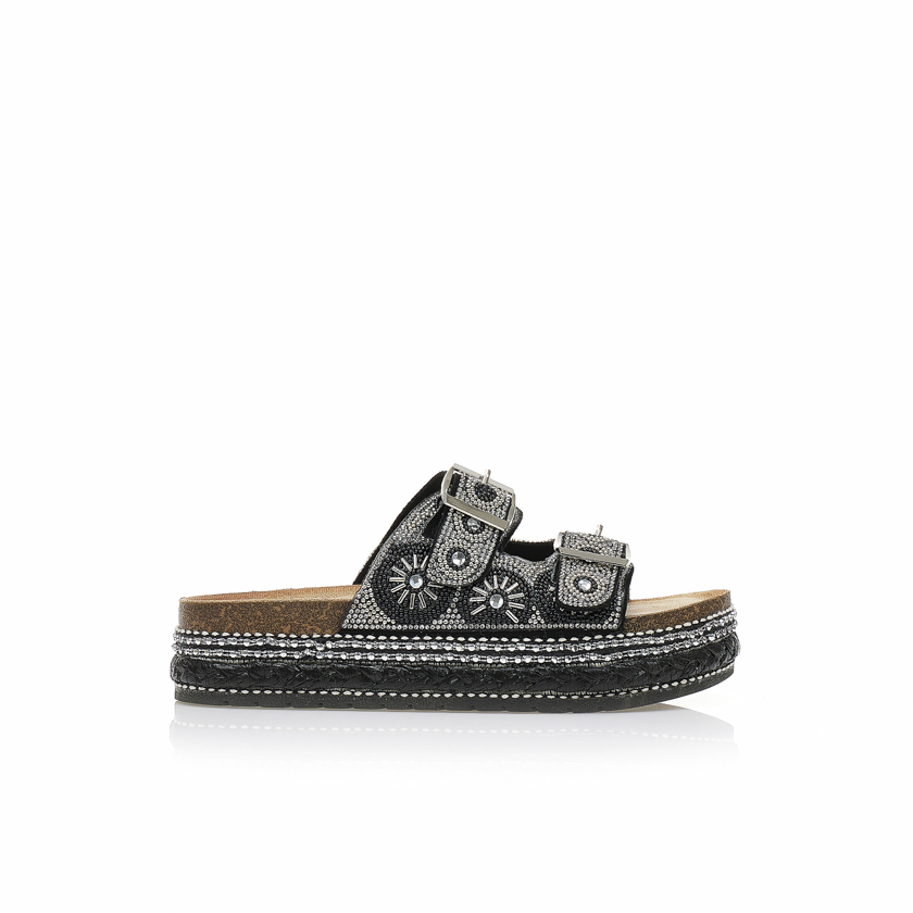 Tsoukalas Εσπαντρίγιες flatforms μαύρες με ιδιαίτερο σχέδιο και στρας ΜΑΥΡΟ