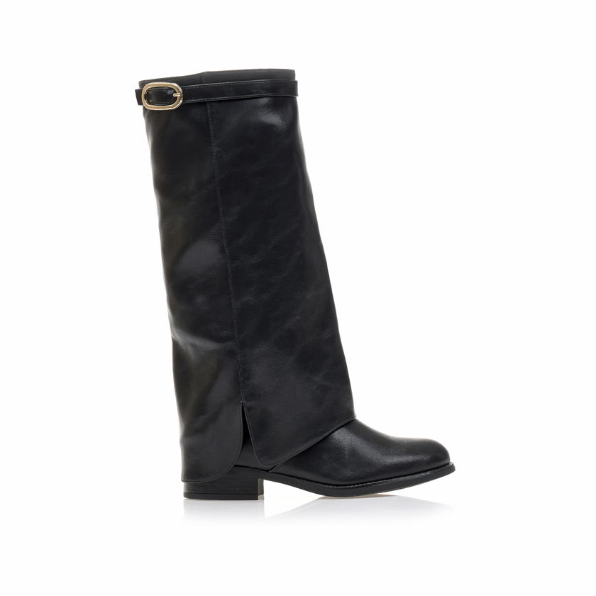 Μπότες μαύρες δερματίνη με χρυσή αγκράφα ΜΑΥΡΟ