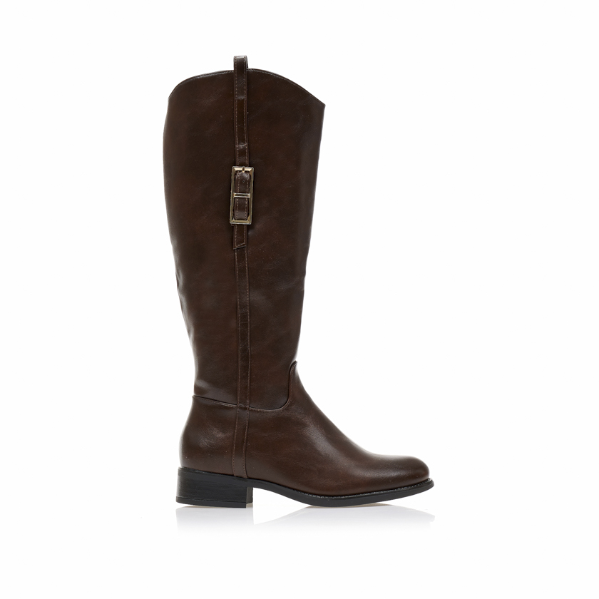 Μπότες καφέ δερματίνη με χρυσή αγκράφα και στρογγυλό τελείωμα ΚΑΦΕ