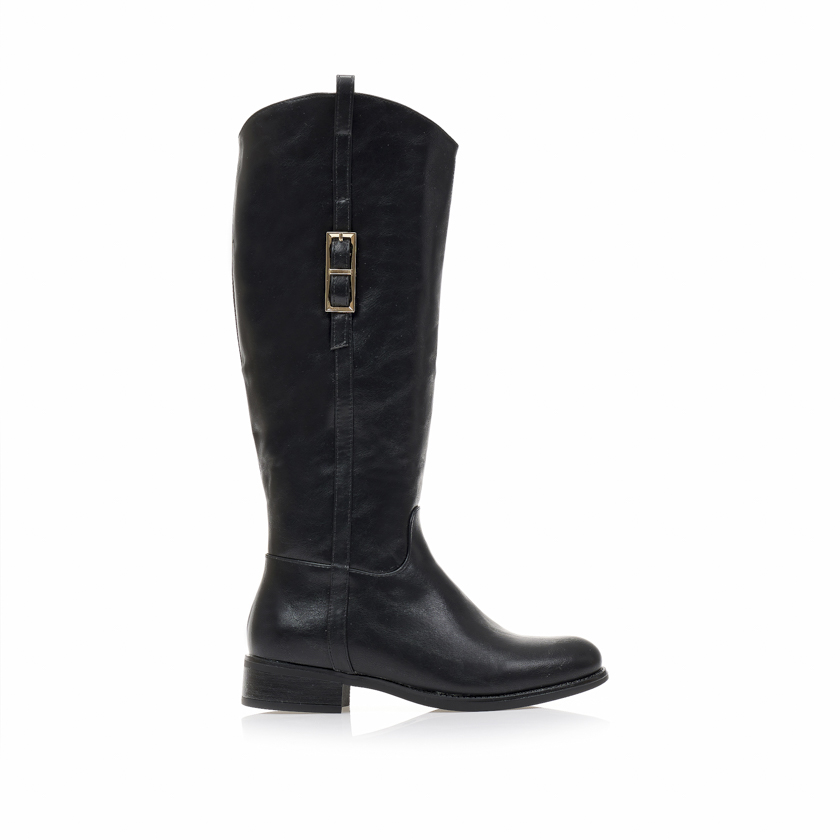 Tsoukalas Μπότες μαύρες δερματίνη με χρυσή αγκράφα και στρογγυλό τελείωμα ΜΑΥΡΟ