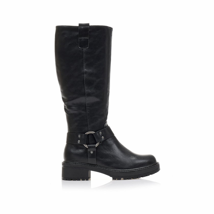 Μπότες μαύρες δερματίνη με ασημένια αγκράφα και στρογγυλό τελείωμα ΜΑΥΡΟ