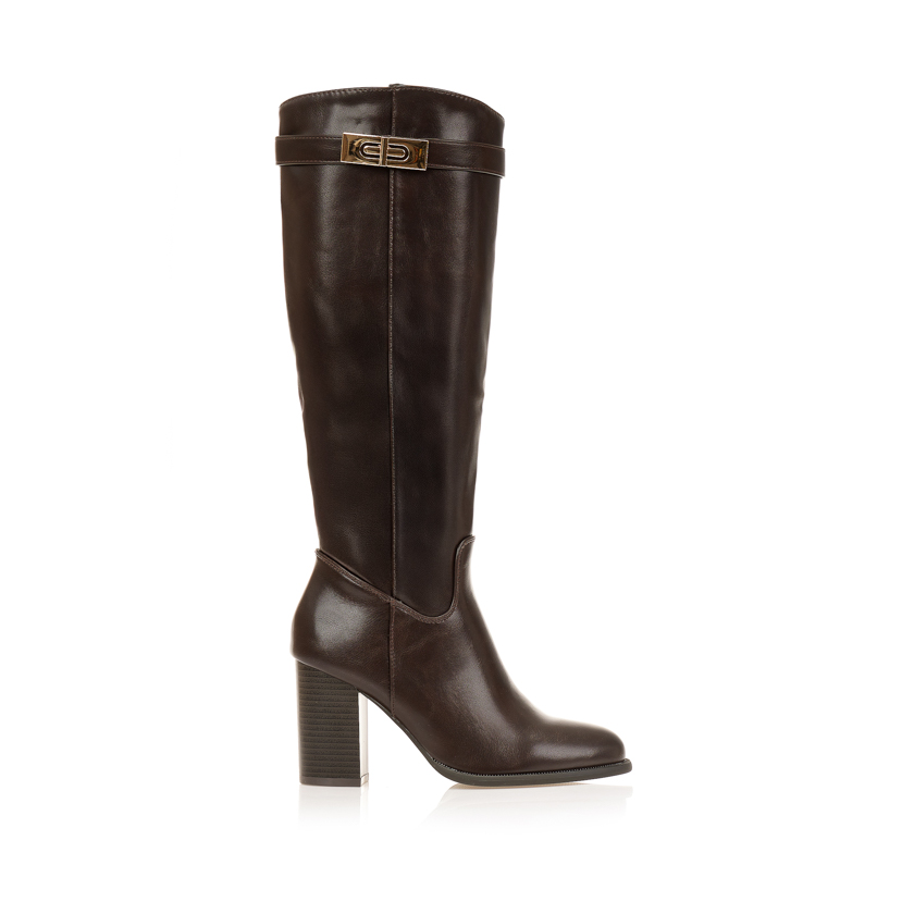 Μπότες καφέ δερματίνη με διακοσμητική αγκράφα ΚΑΦΕ