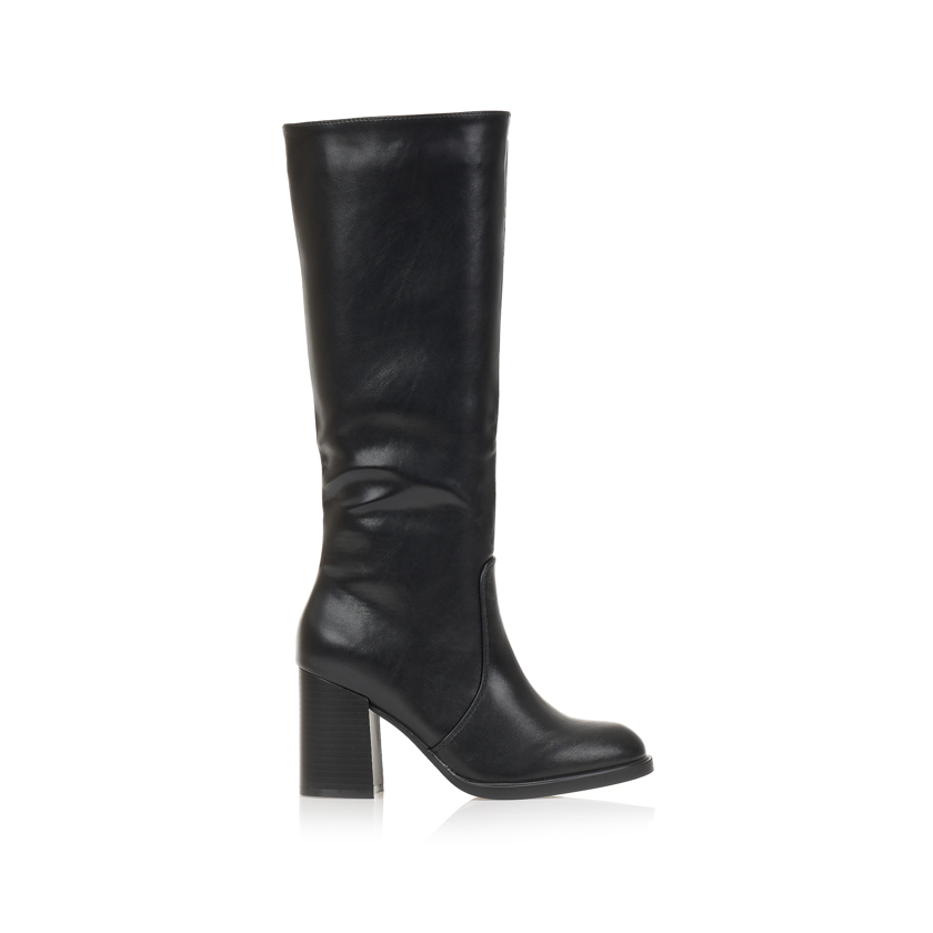 Μπότες μαύρες δερματίνη με χοντρό τακούνι ΜΑΥΡΟ