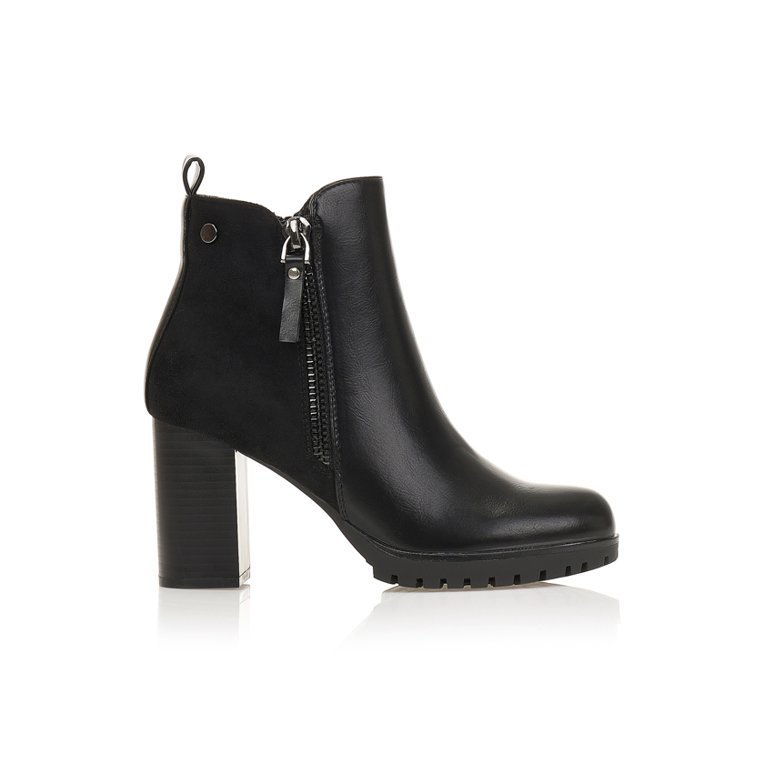 Μποτάκια μαύρα με σουέτ λεπτομέρια και χοντρό τακούνι ΜΑΥΡΟ