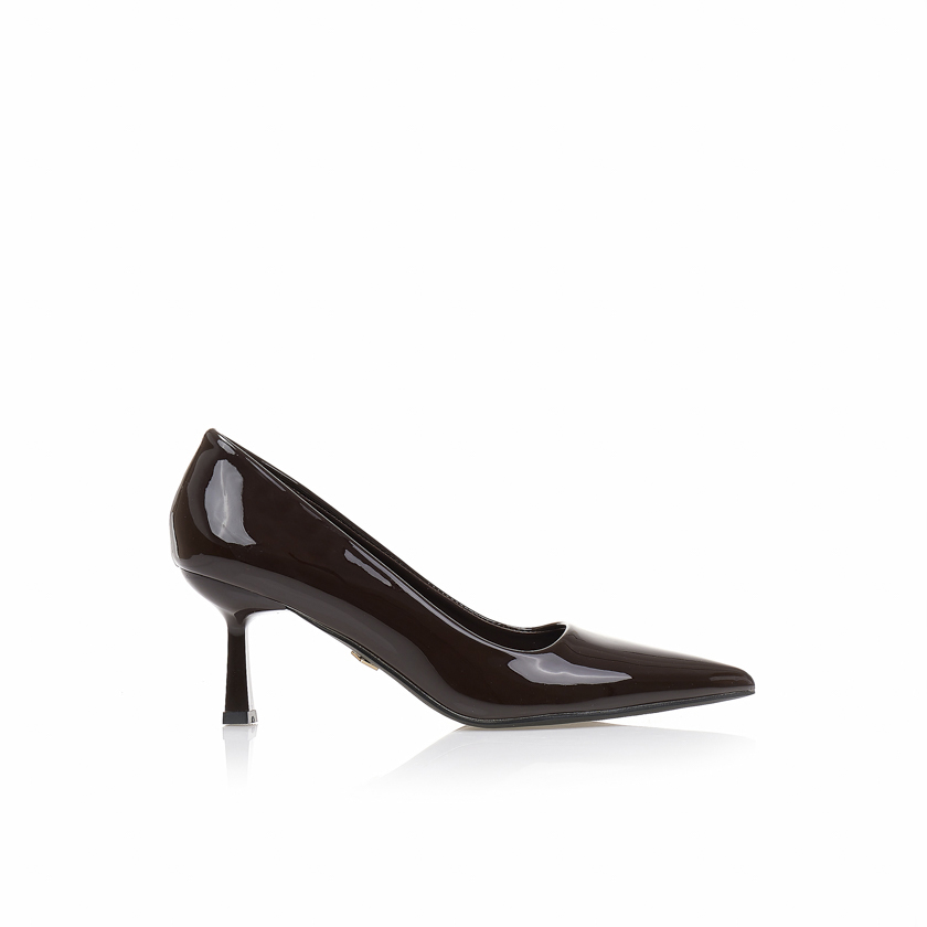 Γόβες καφέ λουστρίνι μυτερές με λεπτό τακούνι ΚΑΦΕ