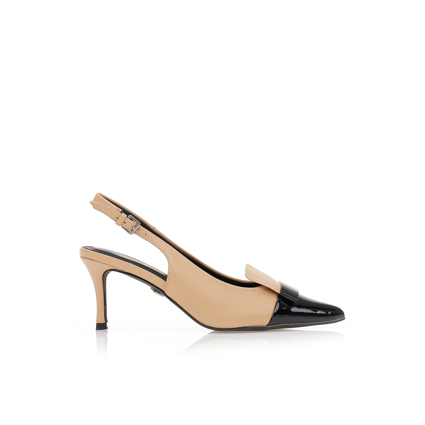 Γόβες mules μπεζ δερματίνη με μαύρο λουστρίνι τελείωμα ΜΑΥΡΟ