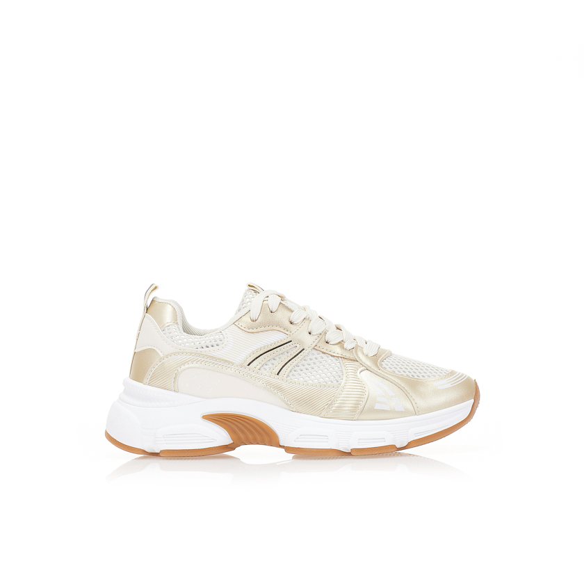 Αθλητικά μπεζ υφασμάτινα με χρυσές δερματίνες λεπτομέρειες και chunky σόλα ΜΠΕΖ