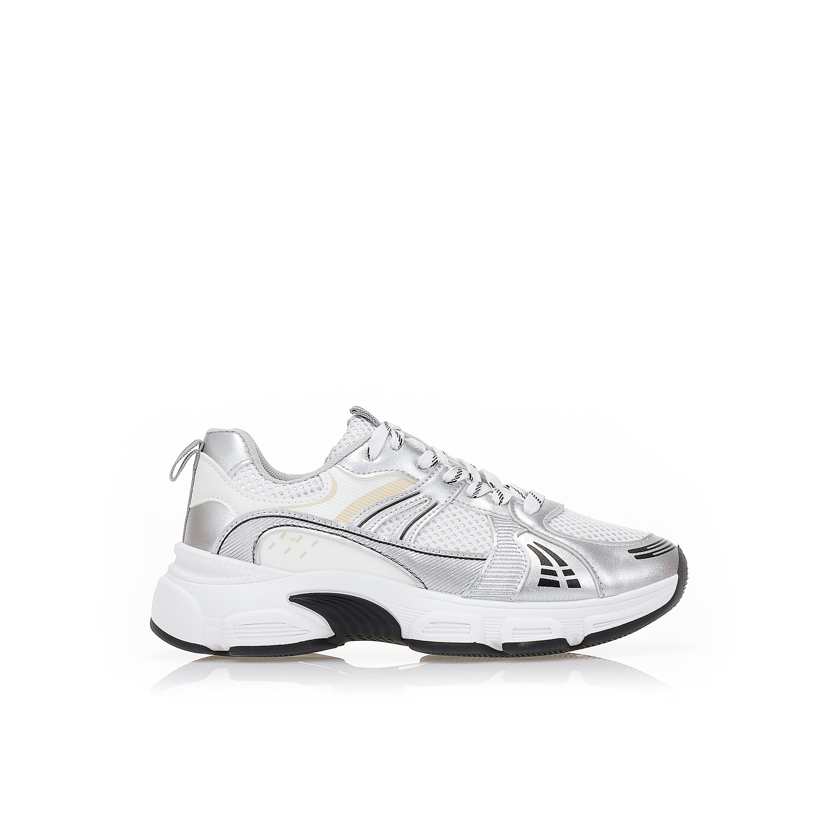 Αθλητικά λευκά υφασμάτινα με ασημί δερματίνες λεπτομέρειες και chunky σόλα ΑΣΗΜΙ