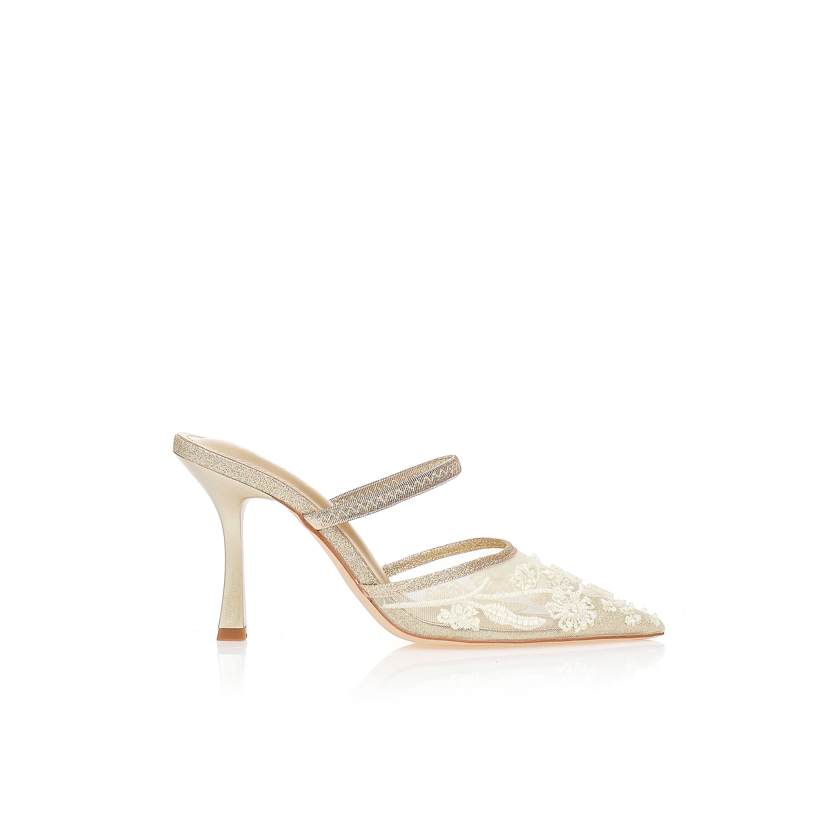 Mule γόβες με λουλούδια και χάντρες ΧΡΥΣΟ