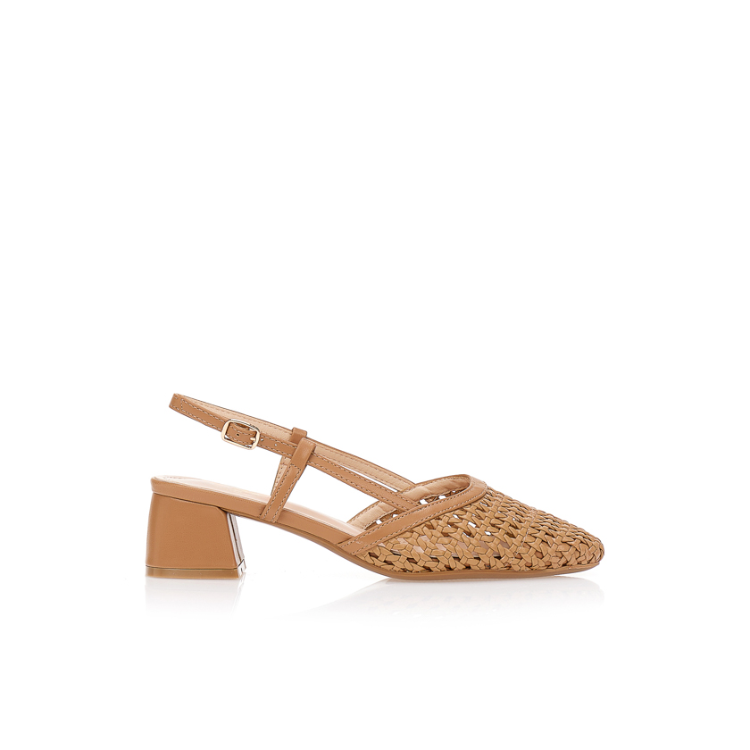 Γόβες με πλέξη ψάθας και χοντρό τακούνι ΚΑΦΕ