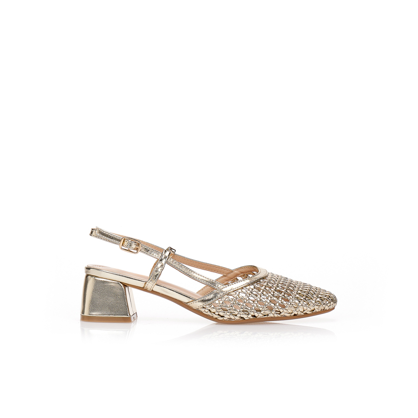 Γόβες με πλέξη ψάθας και χοντρό τακούνι ΧΡΥΣΟ