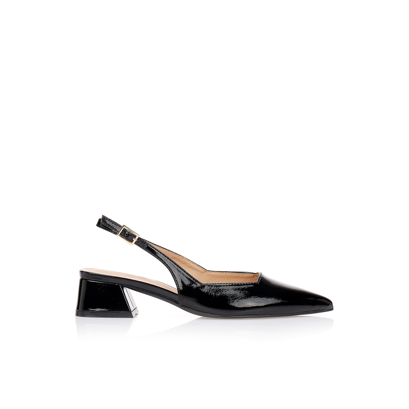 Γόβες λουστρίνι slingback με χοντρό τακούνι ΜΑΥΡΟ