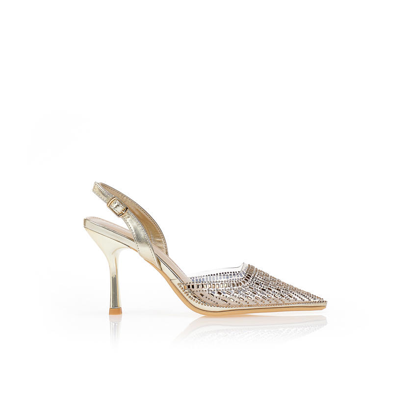 Γόβες μυτερές με διαφάνειες και στρας ΧΡΥΣΟ