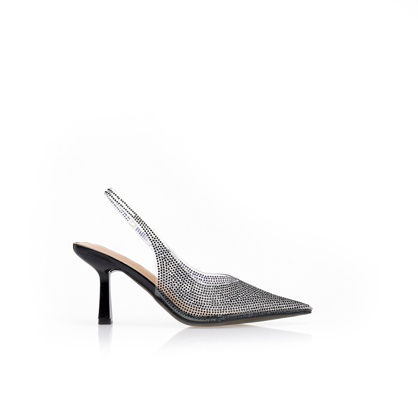 Γόβες slingback με διαφάνεια και στρασάκια ΜΑΥΡΟ