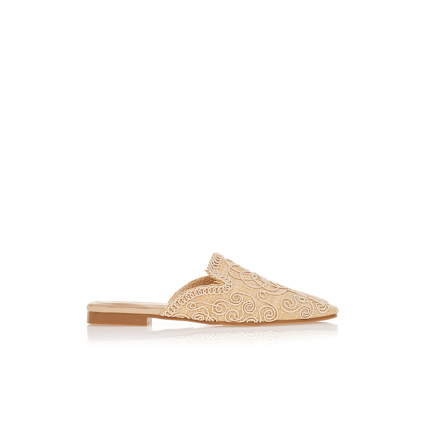 Μοκασίνια mules ψάθινα με κεντητά λουλούδια ΜΠΕΖ