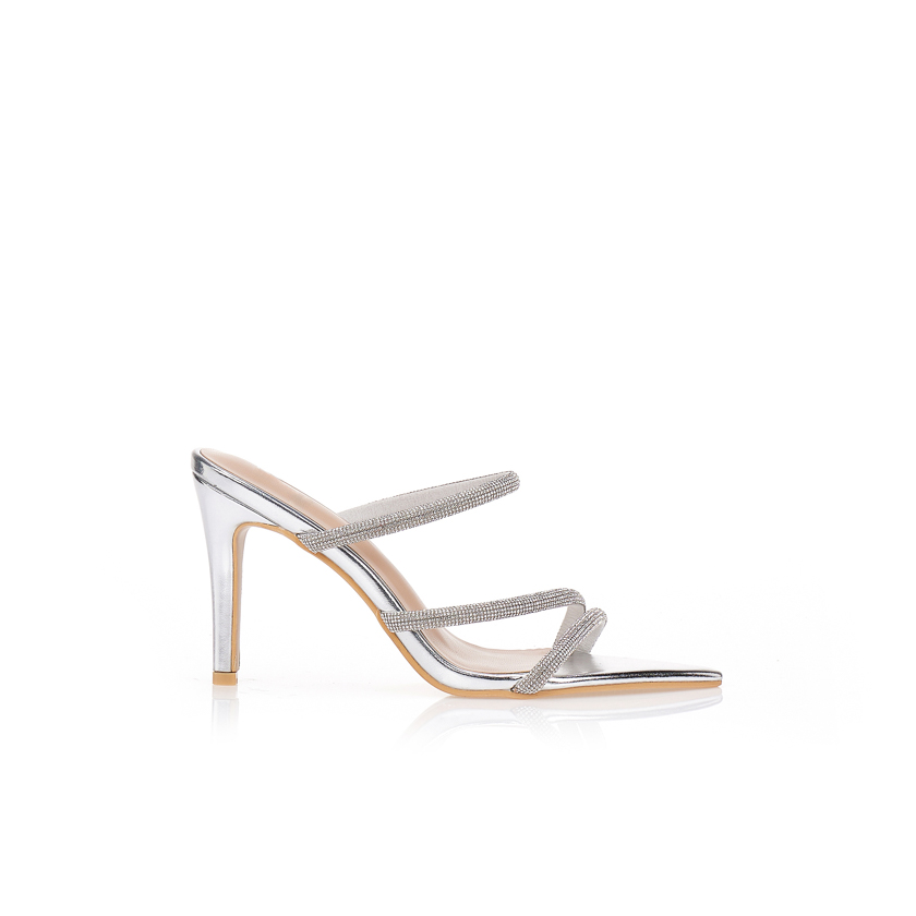 Mules ασημί με πολλαπλά λουράκια και στρας ΑΣΗΜΙ
