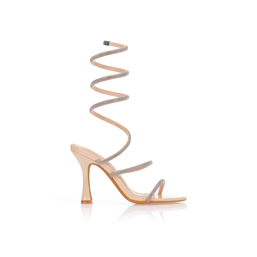 Πέδιλα μπέζ με περιστρεφόμενα λουράκια και στρας ΜΠΕΖ