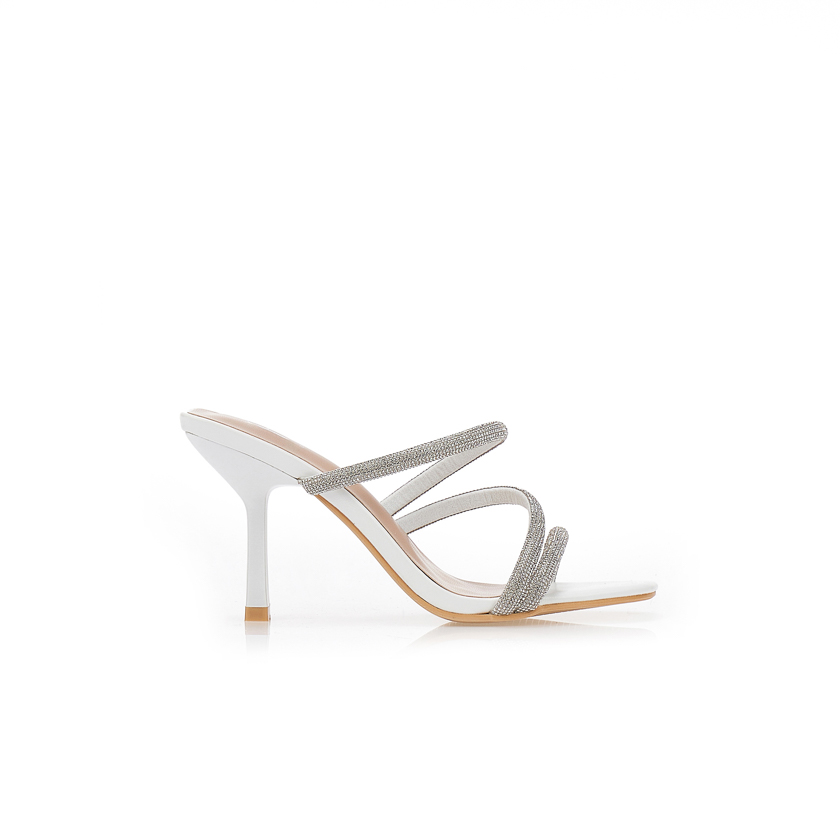 Πέδιλα mule με λουράκια και στρας ΛΕΥΚΟ