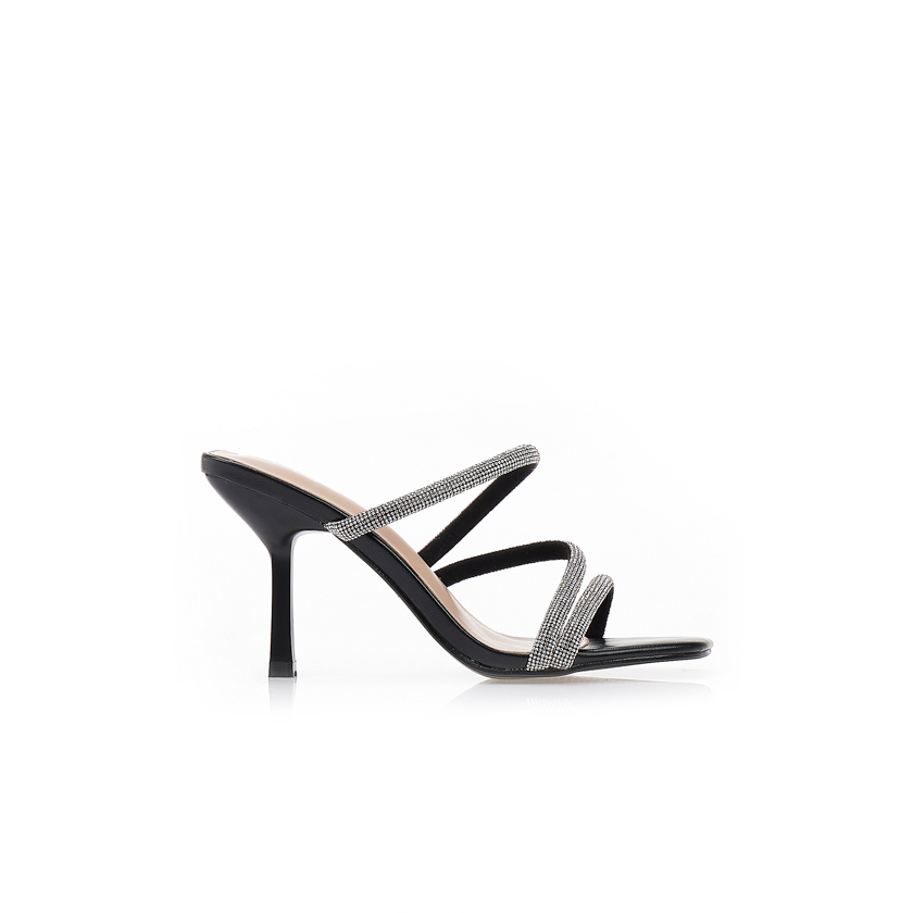 Πέδιλα mule με λουράκια και στρας ΜΑΥΡΟ