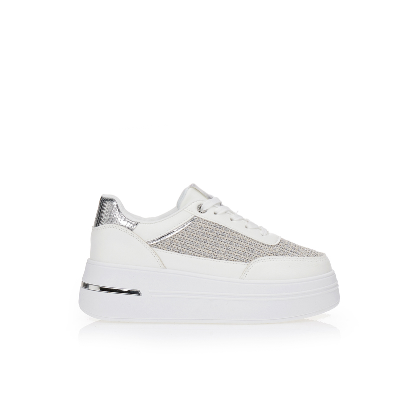 Sneakers με συνδυασμό υλικών και ασημί πλέξη ΛΕΥΚΟ