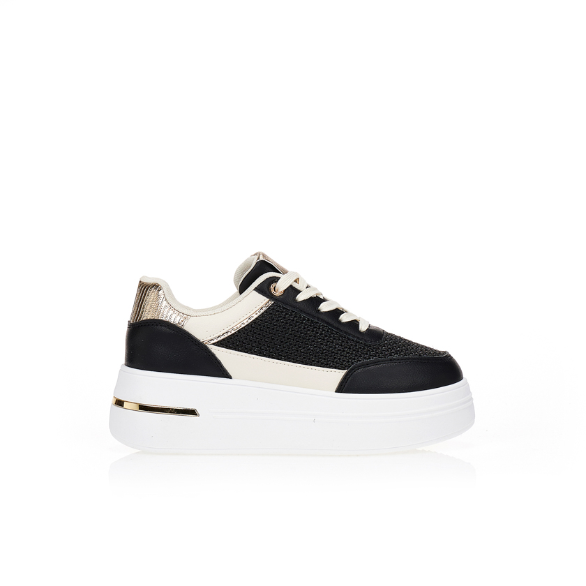 Sneakers με συνδυασμό υλικών και μαύρη πλέξη ΜΑΥΡΟ