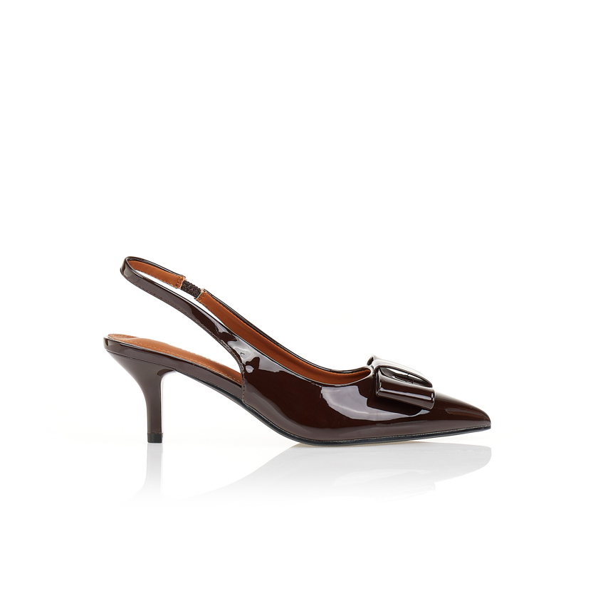 Γόβες καφέ slingback λουστρίνι και φιόγκο ΚΑΦΕ