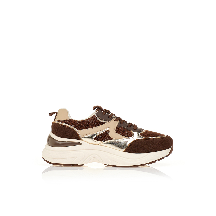 Sneakers καφέ με συνδιασμό υλικών και γκλίτερ ΚΑΦΕ