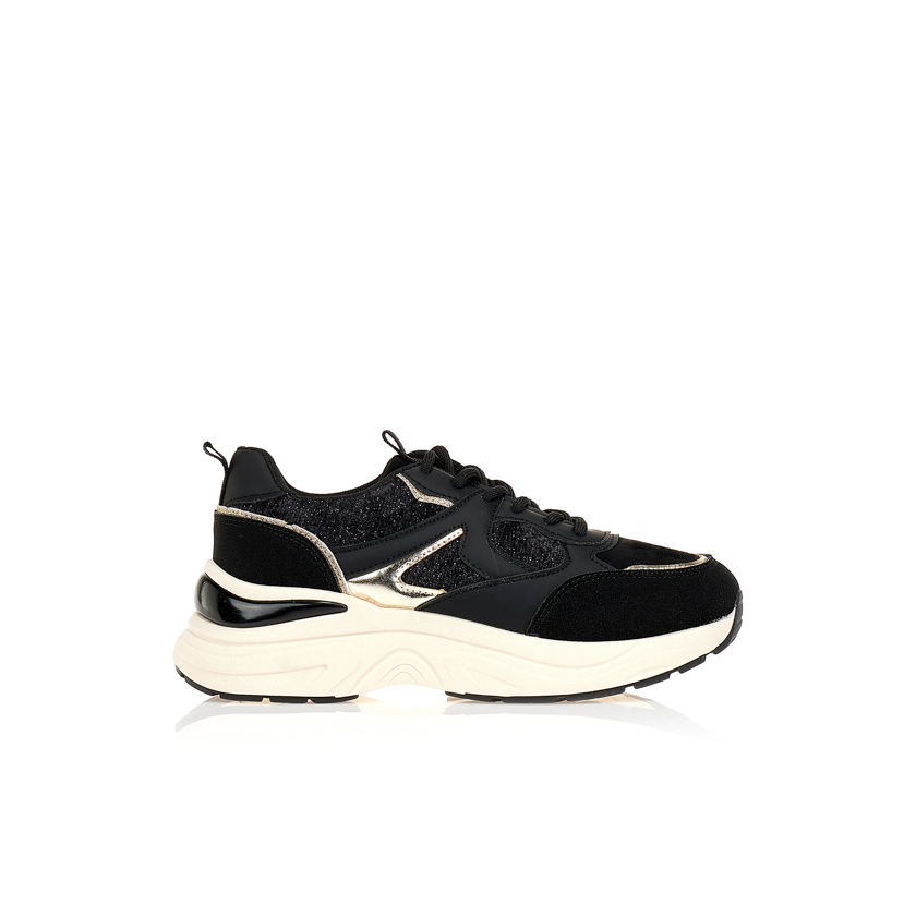 Sneakers μαύρα με συνδιασμό υλικών και γκλίτερ ΜΑΥΡΟ