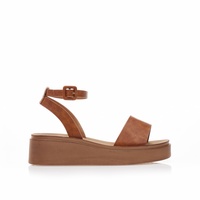 Flatforms κάμελ δερματίνη με λουράκι στον αστράγαλο