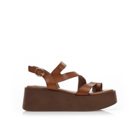 Flatforms κάμελ δερματίνη με πολλαπλά λουράκια και σχέδιο δαχτυλίδι